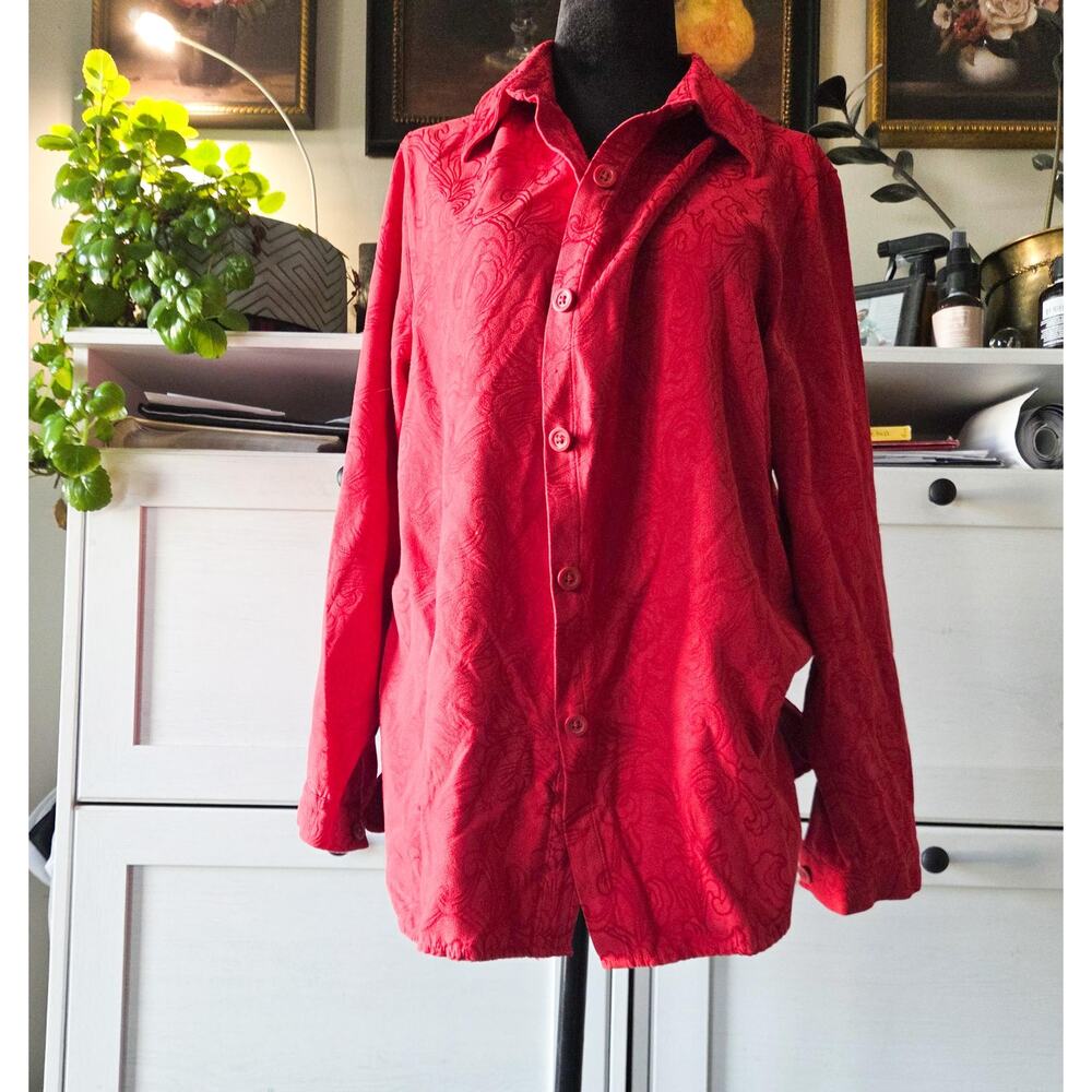 Vintage Studio Works Red Jacquard Button-Up Blouse